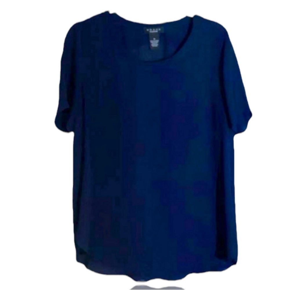 Grace Navy Blue Scoop Neck Semi Sheer Blouse Medium